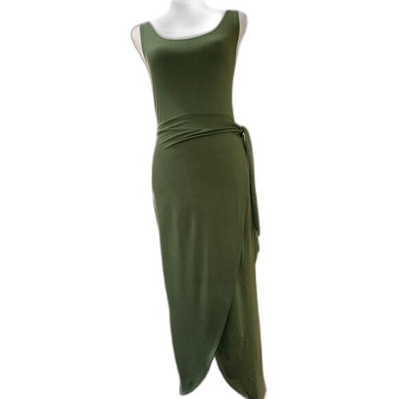 Reformation Jeans Olive Green Midi Wrap Dress S Tencel Stretch Scoop Neck USA - Picture 2 of 11